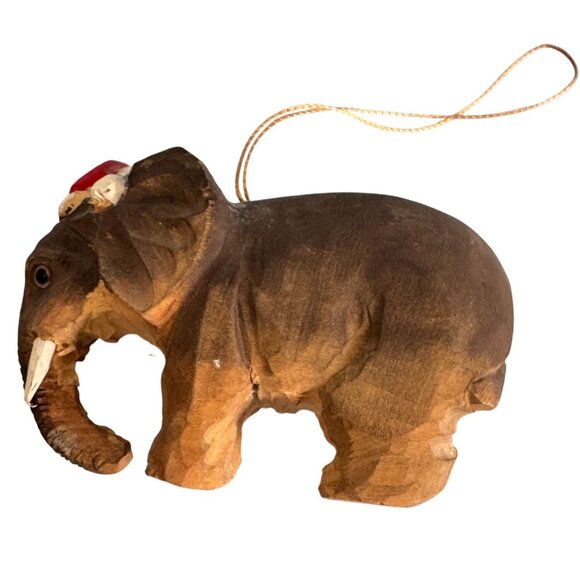 Hand-Carved Balsa Wood Elephant Ornament With Red Cap - Picture 3 of 6